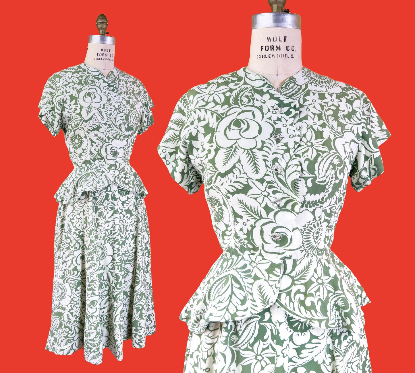 1940s Sage Green Floral Dress