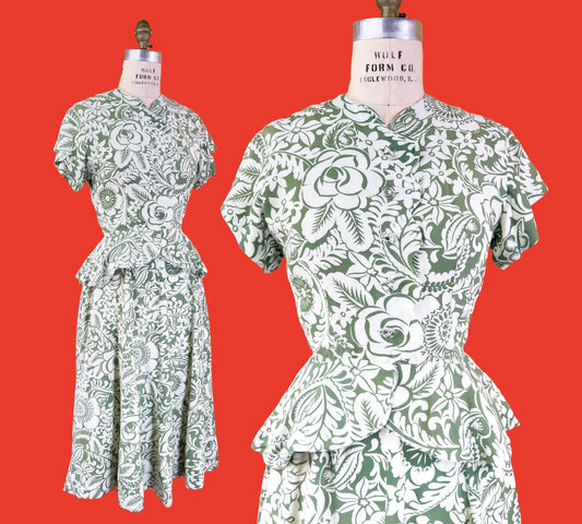 1940s Sage Green Floral Dress