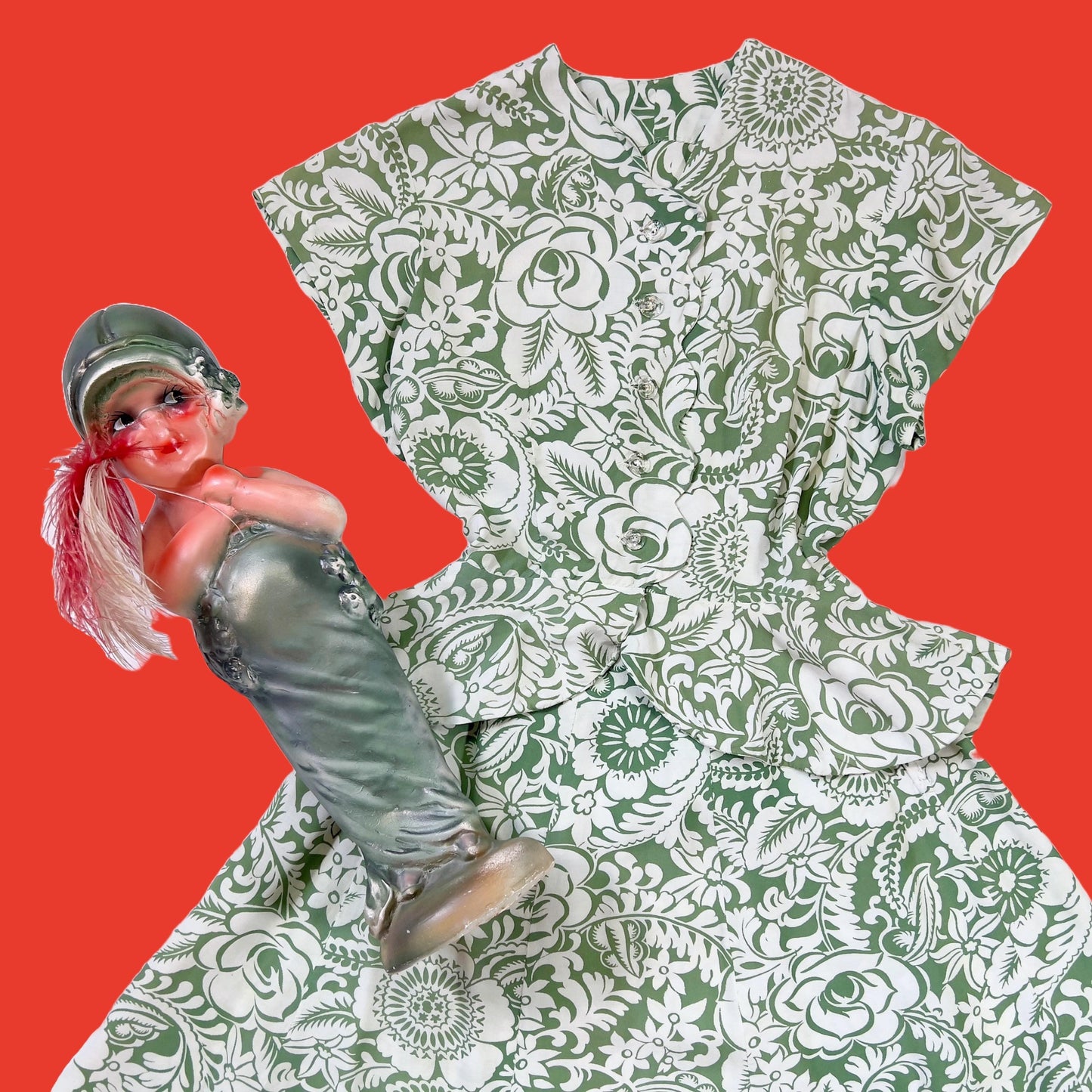 1940s Sage Green Floral Dress