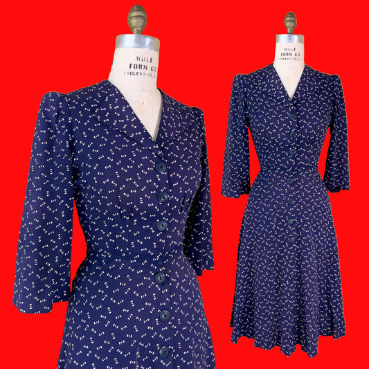 1940s Navy Bow Print Dress